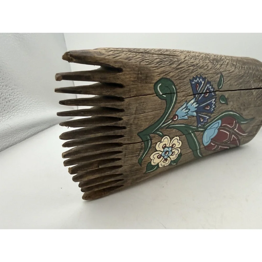 Vintage Wooden Kirkit Loom Beater Hand Painted Folk Art Weaving Comb 12